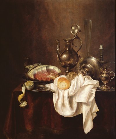 Kinkun asetelma ja hopealautanen tekijältä Willem Claesz. Heda