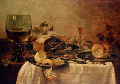 Asetelma hedelmäpiirakan kanssa, 1635 tekijältä Willem Claesz. Heda