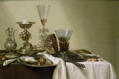 Asetelma ostereiden ja pähkinöiden kanssa, 1637 tekijältä Willem Claesz. Heda