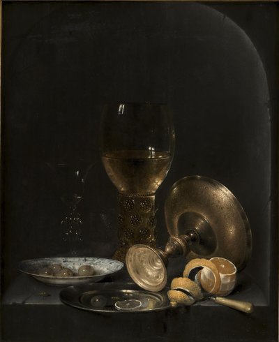 Asetelma. Aamiaispala kivirakossa tekijältä Willem Claesz. Heda