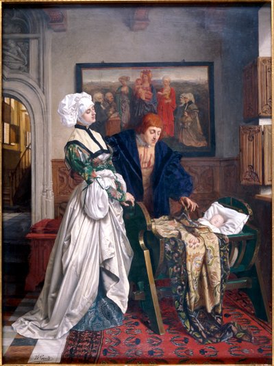 "Charles V ja Jeanne Vandergeynst tyttärensä Margueriten kehdossa", 1870. tekijältä Willem Geets