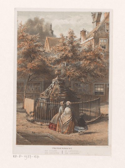 Suihkulähde sokkelossa Amsterdamissa Prinsengracht labyrintti / der Irrgarten / le labyrinthe / labyrintti (otsikko esineessä) tekijältä Willem Hekking jr.