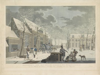 Kansalliskaartin pääkaarti Muiderbergissä, 1813-1814 Hoofdwagt der Nationale Garden Muijderberchissä Blocade der Vesting Naardenin edessä, marraskuusta 1813 Meyyn 1814 (nimi esineessä) tekijältä Willem Hendrik Hoogkamer (attributed to)