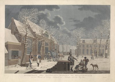 Luminen maisema, jossa sotilaat puhuvat siviilien kanssa Naardenin piirityksen aikana Hoofdwagt der nationale -puutarha Muijderberghissä Blocade der Naardenin linnoituksen edessä, marraskuusta 1813 Meyyn 1814 (otsikko esineessä) tekijältä Willem Hendrik Hoogkamer (attributed to)