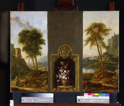 Kukka-asetelma kehyksessä monogrammilla tekijältä Willem Hendrik Wilhelmus van Royen (attributed to)