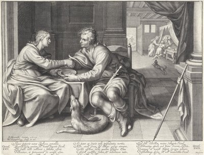 Esau myy esikoisoikeutensa Jaakobille tekijältä Willem Isaacsz. van Swanenburg