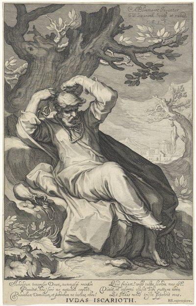 Juudas Iskariot hirttää itsensä Juudas Iskariot (otsikko esineessä) Syntiset vanhasta ja uudesta testamentista (sarjan nimi) tekijältä Willem Isaacsz. van Swanenburg