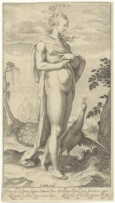 Juno riikinkukon kanssa Iuno (otsikko esineessä) Pariisin tuomio (sarjan nimi) tekijältä Willem Isaacsz. van Swanenburg