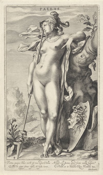 Minerva puun vieressä Pallas (otsikko esineessä) Pariisin tuomio (sarjan nimi) tekijältä Willem Isaacsz. van Swanenburg