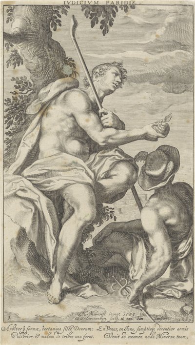 Pariisi ja Mercurius Pariisin tuomio (otsikko esineessä) Oordeel van Paris (sarjan nimi) tekijältä Willem Isaacsz. van Swanenburg