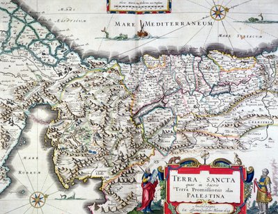 Pyhän maan kartta, julkaistu Amsterdamissa, 1629 (värikaiverrus) tekijältä Willem Janszoon Blaeu