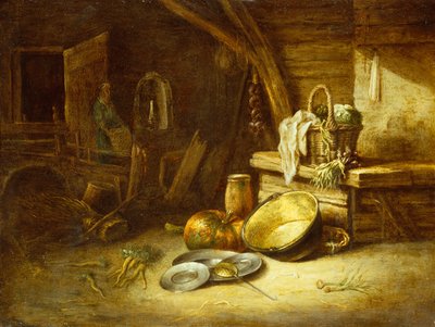 Keittiö, jossa kasviksia pajukorissa, tinalautasia ja kurpitsa (öljy kuparilla) tekijältä Willem Kalf