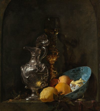 Asetelma, jossa on hopeinen kannu ja posliinikulho tekijältä Willem Kalf