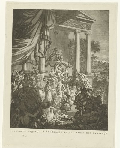 Allegorinen esitys Alankomaiden ja Ranskan välisestä liitosta, 1795 Palautettu vapaus Alankomaissa ja liitto Ranskan kanssa (otsikko esineessä) tekijältä Willem Kok