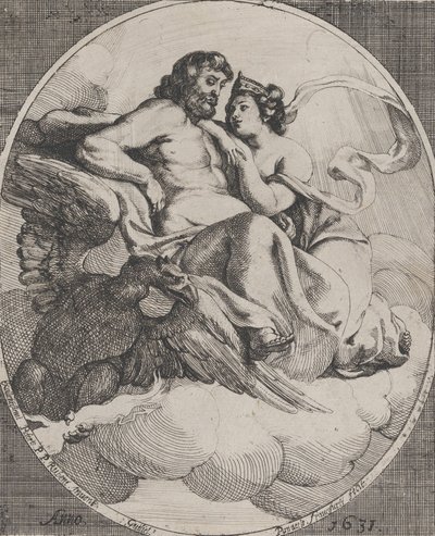 Jupiter ja Juno istuvat pilvien päällä, ja kotka pitelee ukkonen alla vasemmalla, 1631. tekijältä Willem Panneels