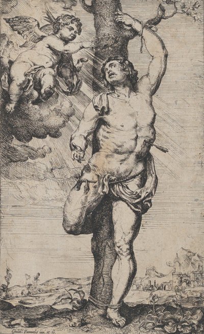 Pyhän Sebastianin marttyyrikuolema, enkelit kruunasivat hänet vasemmassa yläkulmassa, n. 1620-32.. tekijältä Willem Panneels