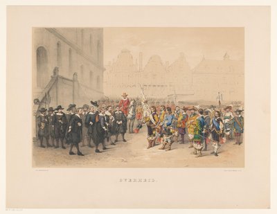 Utrechtin naamiaisten kolmas ryhmä vuonna 1856 Hallitus (kohteen otsikko) Kotimaamme noin 1600-luvun puolivälissä, H.H. opiskelijat, Mutua Fidesin jäsenet, Utrechtsche Hoogeschoolin 220-vuotisjuhlan kunniaksi 25. kesäkuuta tekijältä Willem Pieter Hoevenaar