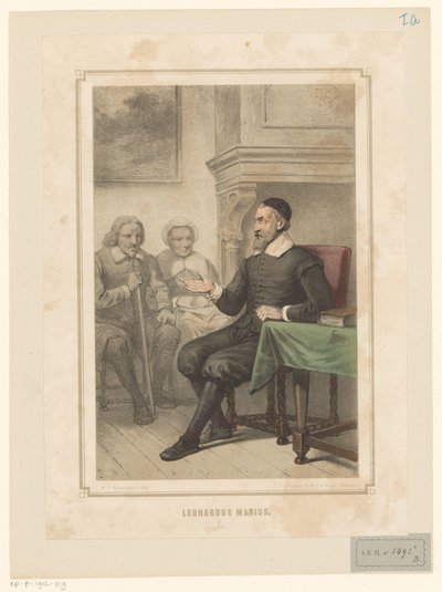Leonardus Marius van der Goes puhuttelee miestä ja naista Leonardus Marius (otsikko esineessä) tekijältä Willem Pieter Hoevenaar