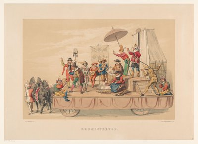 Utrechtin naamiaisten kuudes ryhmä vuonna 1856 Hyvää joulua (otsikko esineessä) Kotimaamme noin 1600-luvun puolivälissä, H.H. opiskelijat, Mutua Fidesin jäsenet, Utrechtsche Hoogeschoolin 220-vuotisjuhlan kunniaksi, 25. tekijältä Willem Pieter Hoevenaar