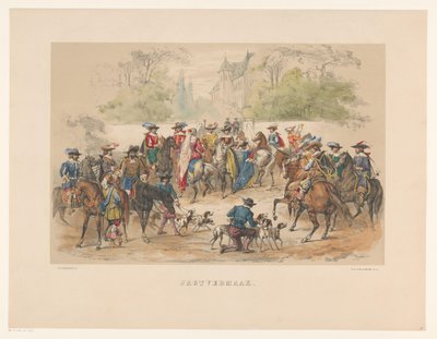 Utrechtin naamiaisten seitsemäs ryhmä vuonna 1856 Metsästysviihdettä (otsikko esineessä) Kotimaamme noin 1600-luvun puolivälissä, H.H. opiskelijat, Mutua Fidesin jäsenet, Utrechtsche Hoogeschoolin 220-vuotisjuhlan kunniaksi, 25. tekijältä Willem Pieter Hoevenaar