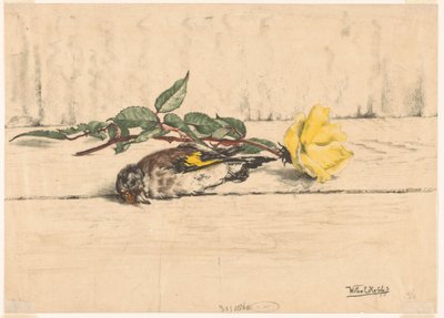 Kuollut kultatippu makaa ruusun vieressä tekijältä Willem Roelofs (II) (signed by artist)