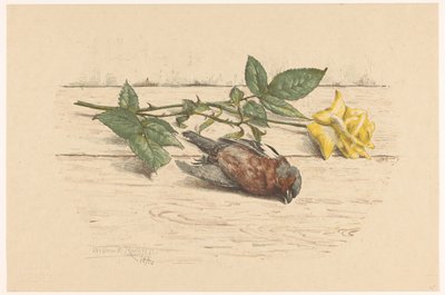 Kuollut peippo makaa ruusun vieressä tekijältä Willem Roelofs (II) (signed by artist)