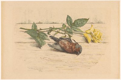 Kuollut peippo makaa ruusun vieressä tekijältä Willem Roelofs (II) (signed by artist)