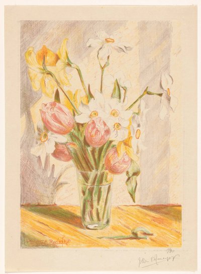 Tulppaanit ja narsissit maljakossa tekijältä Willem Roelofs (II) (signed by artist)