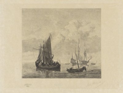 Purjelaivoja tyynellä merellä tekijältä Willem Steelink (II) (signed by artist)