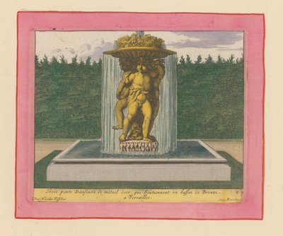 Brunnen mit einer Statue von drei tanzenden Putti, die eine Schale über ihren Köpfen tragen tekijältä Willem Swidde