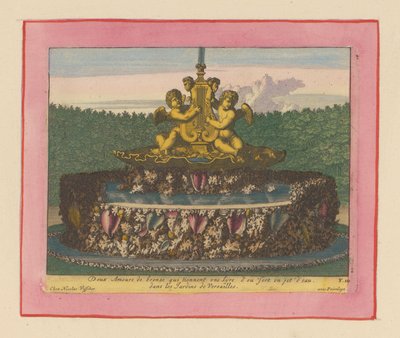 Brunnen mit einer Statue von zwei geflügelten Putti, die eine Leier tragen tekijältä Willem Swidde