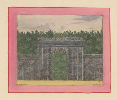 Rechteckiger Pavillon aus Lattenwerk mit Tor für eine Hecke in den Gärten von Versailles tekijältä Willem Swidde
