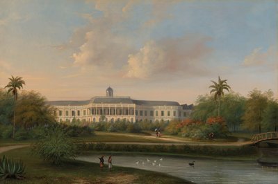 Buitenzorgin palatsin takaa katsottuna ennen maanjäristystä 10. lokakuuta 1834 tekijältä Willem Troost (II)