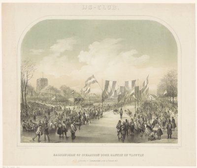 luistelukilpailu Miesten ja naisten jääkerho / pikaluistelu Leeuwardenissa 22. helmikuuta 1855 (otsikko esineessä) tekijältä Willem Troost (II)