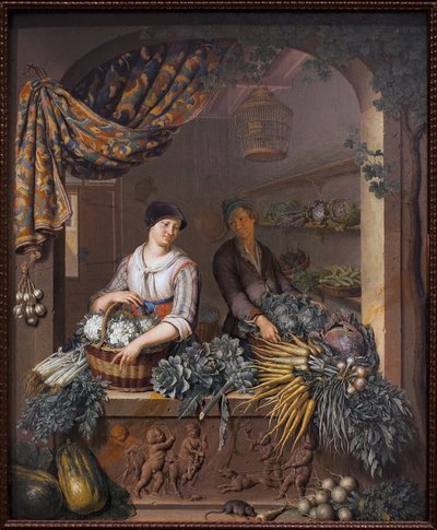 Vihannesmyyjä. Willem van Mierisin (1662-1747) maalaus, öljy puulle tekijältä Willem Van Mieris