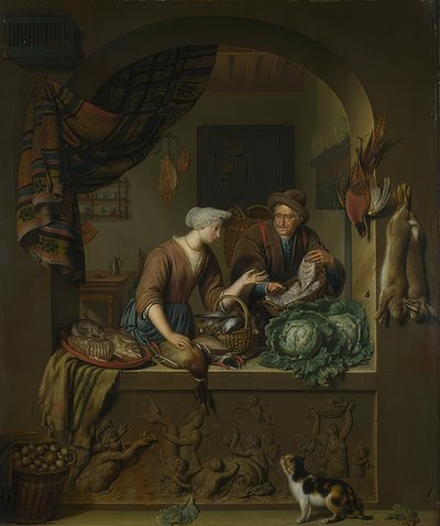 Nainen ja kalakauppias keittiössä. 1713 tekijältä Willem Van Mieris