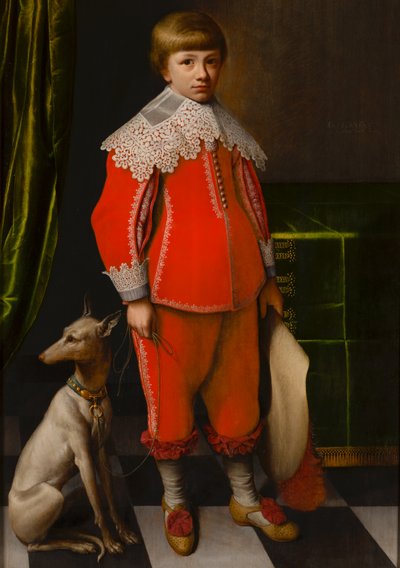 Muotokuva kahdeksanvuotiaasta pojasta ja whippetistä ruutupaperilattialla tekijältä Willem Willemsz. van der Vliet