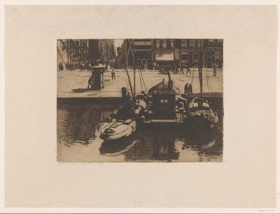 Ankkuroituja veneitä Damrakissa Amsterdamissa tekijältä Willem Witsen (signed by artist)