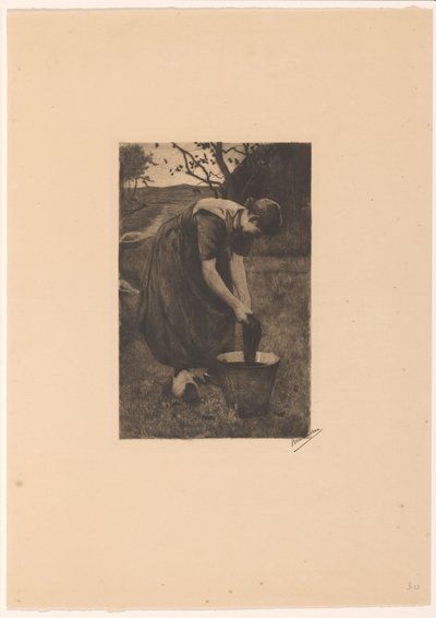 Maanviljelijä pesee tekstiilejä ämpärissä tekijältä Willem Witsen (signed by artist)