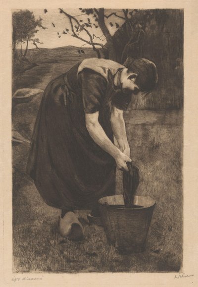 Maanviljelijä pesee tekstiilejä ämpärissä tekijältä Willem Witsen (signed by artist)
