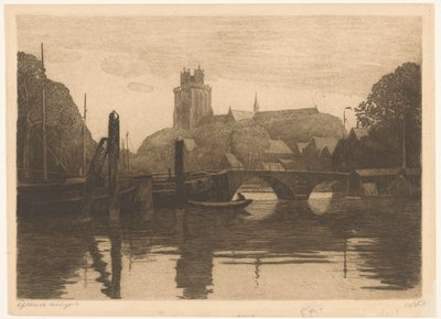 Näkymä Nieuwe Havenille ja Grote Kerkille Dordrechtissa tekijältä Willem Witsen (signed by artist)