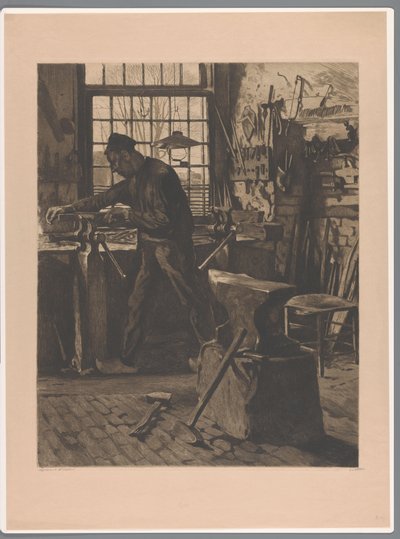Seppä töissä ruuvipuristimella ikkunan vieressä Kyläseppä ikkunan edessä (Bram) (alkuperäinen nimi) tekijältä Willem Witsen (signed by artist)