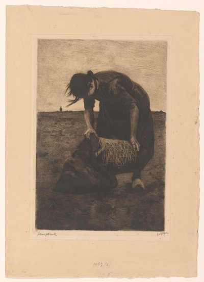 Eteenpäin taivutettu perunannostokone korilla ja pussilla tekijältä Willem Witsen (signed by artist)
