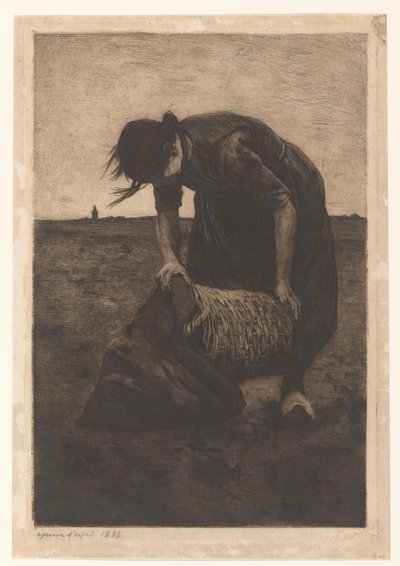 Eteenpäin taivutettu perunannostokone korilla ja pussilla tekijältä Willem Witsen (signed by artist)