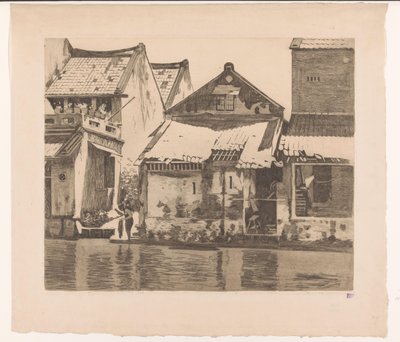 Taloja joen varrella Bataviassa, jossa nainen pesee vaatteita Taloja kaliin. Vasemmalla talojen välinen käytävä, jossa seisoo vahaava nainen, Batavia (alkuperäinen nimi) tekijältä Willem Arnoldus Witsen