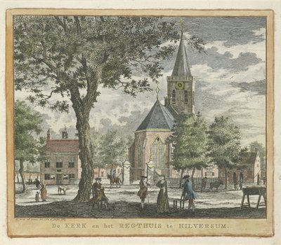 Kirkko ja oikeustalo Hilversumissa vuonna 1762 (ennen vuoden 1766 tulipaloa) Kirkko ja Regthuis Hilversumissa (otsikko esineessä) tekijältä Willem Writs