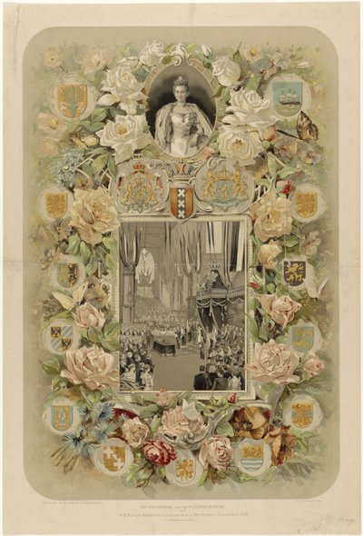 Kuningatar Wilhelminan juhlallisen kruunajaisen muistoksi Nieuwe Kerkissä Amsterdamissa - 6. syyskuuta 1898 (otsikko esineessä) tekijältä Willem Zwart