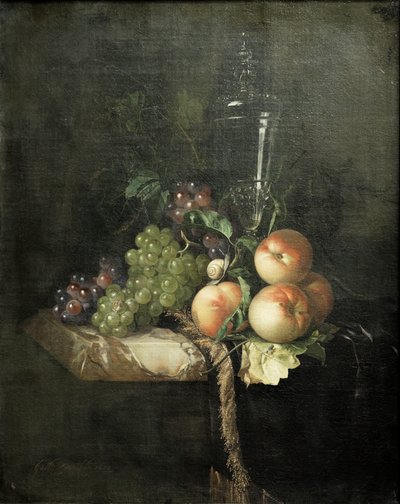 Viinirypäleet, persikat ja iso lasi tekijältä Willem van Aelst