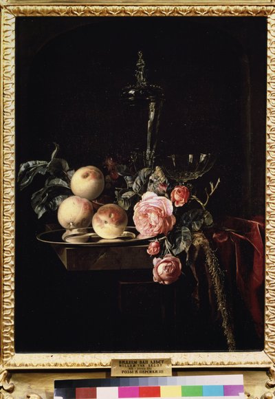 ""Ruusujen ja persikoiden asetelma"" (Ruusut ja persikat) Willem van Aelstin maalaus (1625-noin 1683) 1659 Pushkin-museo, Moskova tekijältä Willem van Aelst