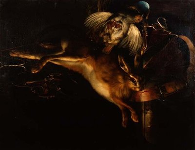 Jäniksen asetelma, peltopyy ja metsästystarvikkeet riippuvat marmorireunuksen yläpuolella tekijältä Willem van Aelst